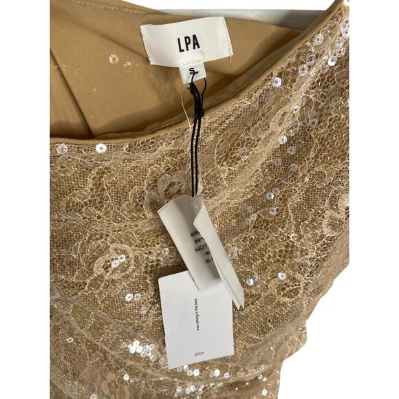 LPA Aniella Sequined Lace Gown Rosette One Shoulder Formal Party Champagne S - Picture 12 of 16